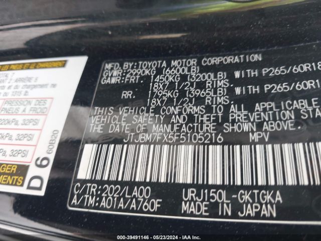JTJBM7FX5F5105216 Lexus 460