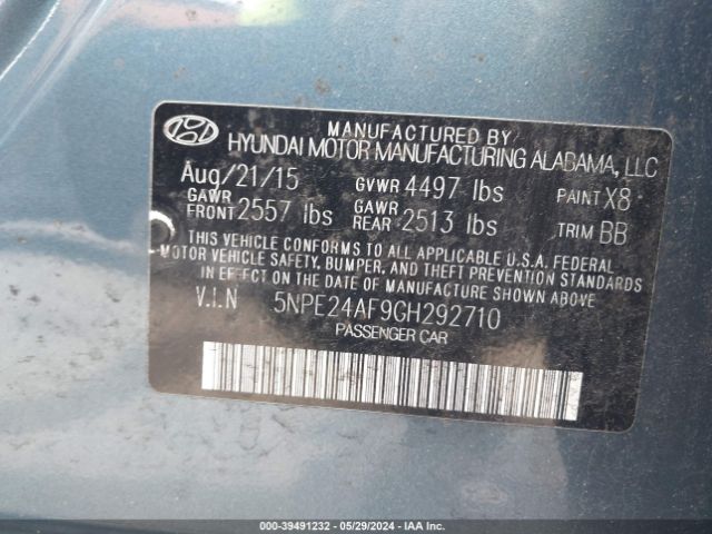 5NPE24AF9GH292710 Hyundai SONATA SE