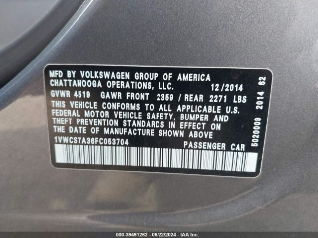 1VWCS7A36FC053704 Volkswagen Passat 1.8t Sel Premium