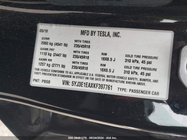 5YJ3E1EAXKF397761 Tesla Model 3 Long Range/mid Range/standard Range/standard Range Plus