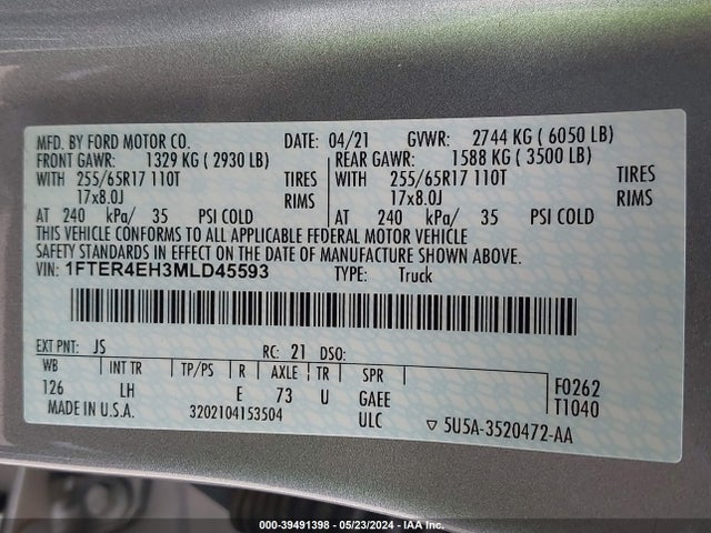 Ford RANGER XL 2021 1FTER4EH3MLD45593 Image 9