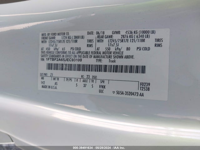 Ford F-250 Xl 2018 1FTBF2A65JEC93100 Image 9