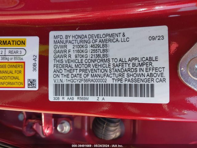 1HGCY2F56RA000002 Honda Accord Hybrid Sport