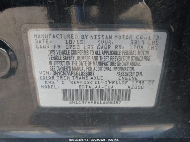 3N1CN7AP8GL828087 Nissan Versa 1.6 S
