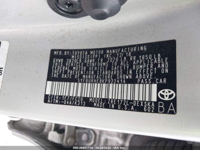 5YFBURHE8KP922414 Toyota COROLLA SE