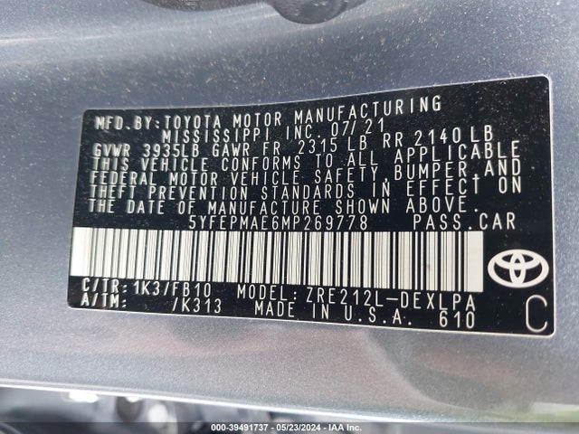Toyota COROLLA LE 2021 5YFEPMAE6MP269778 Image 9