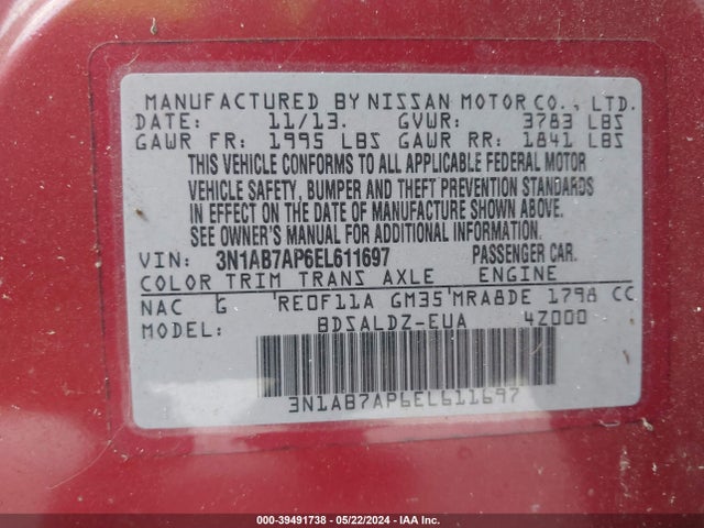 Nissan SENTRA SV 2014 3N1AB7AP6EL611697 Image 9
