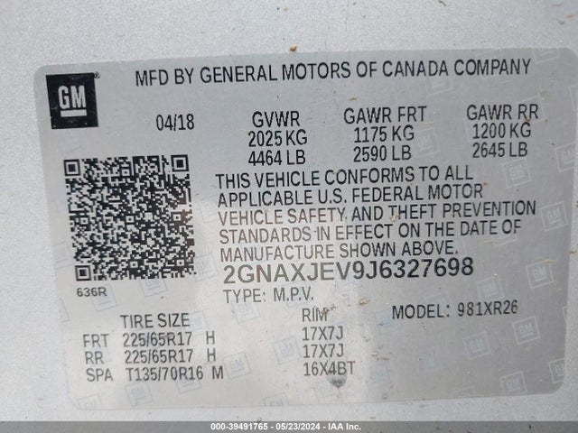 Chevrolet EQUINOX LT 2018 2GNAXJEV9J6327698 Image 9