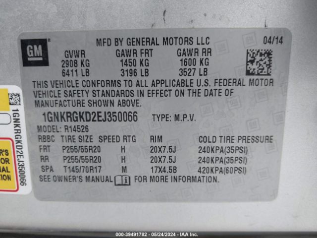 1GNKRGKD2EJ350066 Chevrolet Traverse 1lt