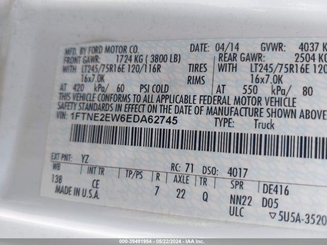 Ford E-250 Commercial 2014 1FTNE2EW6EDA62745 Image 9