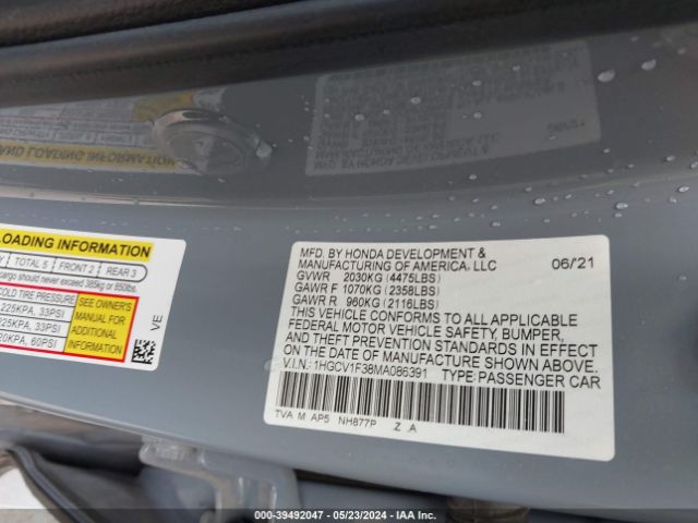 1HGCV1F38MA086391 Honda Accord Sport