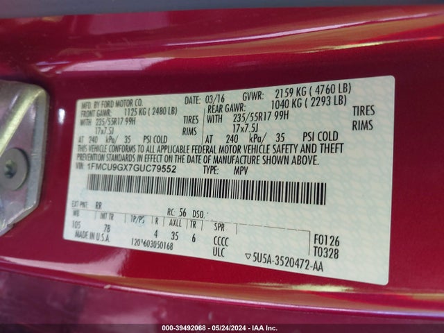 Ford ESCAPE SE 2016 1FMCU9GX7GUC79552 Image 9