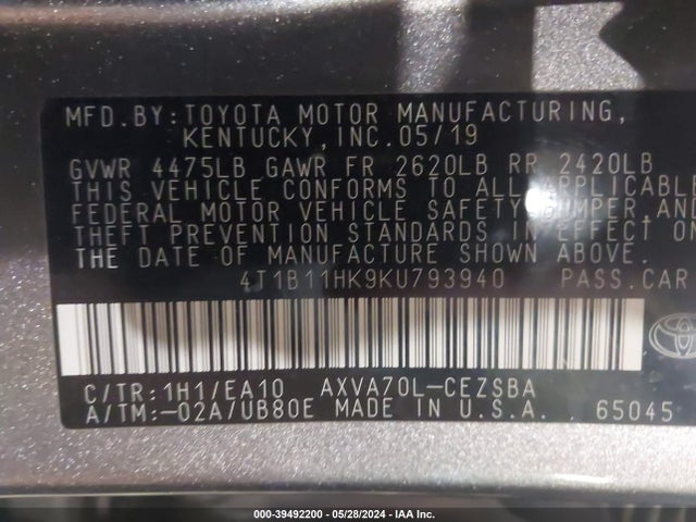 Toyota Camry L/le/xle/se/xse 2019 4T1B11HK9KU793940 Image 9