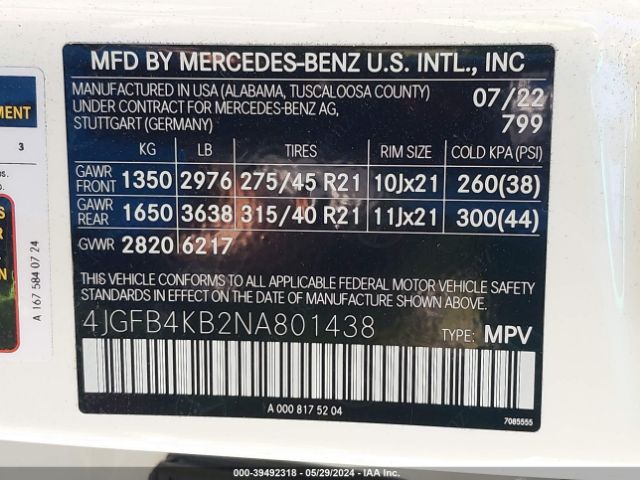 4JGFB4KB2NA801438 Mercedes-Benz Gle 350 4matic