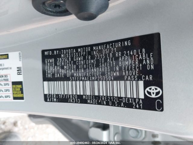 5YFEPMAEXMP253504 Toyota COROLLA LE