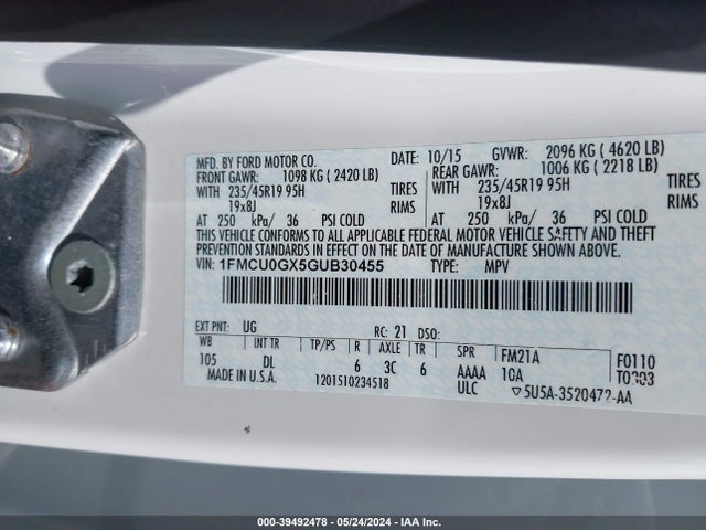 Ford ESCAPE SE 2016 1FMCU0GX5GUB30455 Image 9