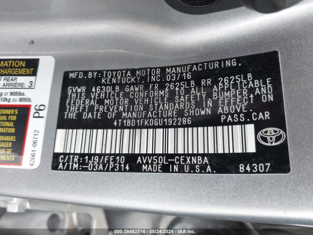 4T1BD1FK0GU192286 Toyota Camry Hybrid Le