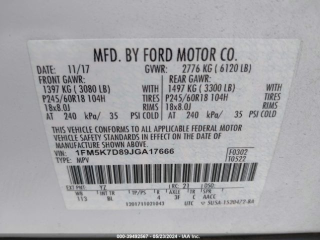 1FM5K7D89JGA17666 Ford EXPLORER XLT
