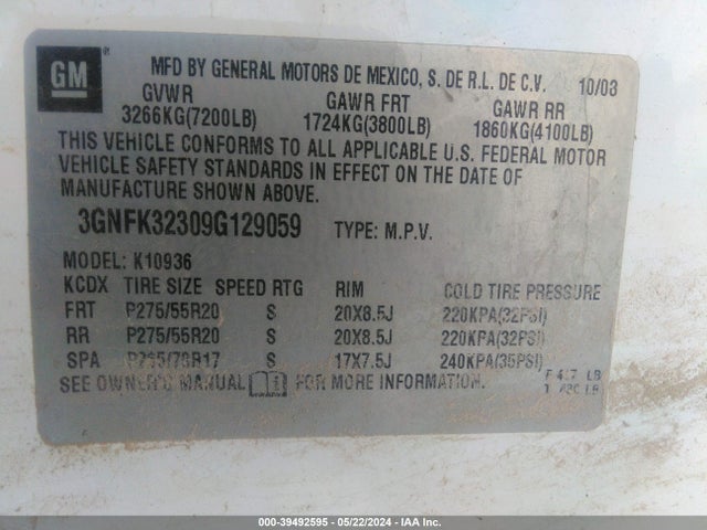 2009 CHEVROLET AVALANCHE 3GNFK32309G129059 Photo 8