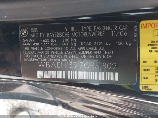 2007 BMW 650I WBAEH13517CR51809 Photo 8