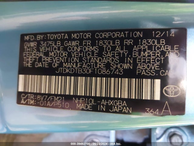Toyota Prius C Three 2015 JTDKDTB30F1086743 Image 9