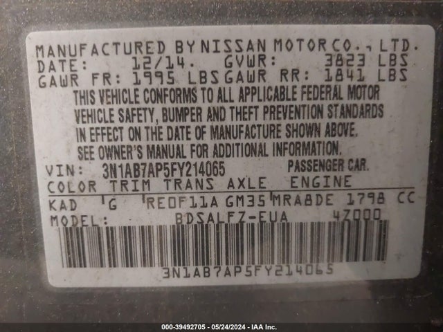 Nissan Sentra Fe+ S 2015 3N1AB7AP5FY214065 Image 9