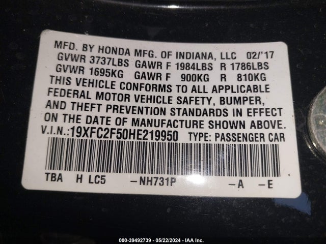 Honda Civic Lx 2017 19XFC2F50HE219950 Image 9