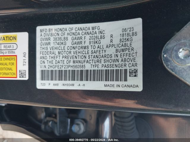 2HGFE2F23PH560585 Honda Civic Lx
