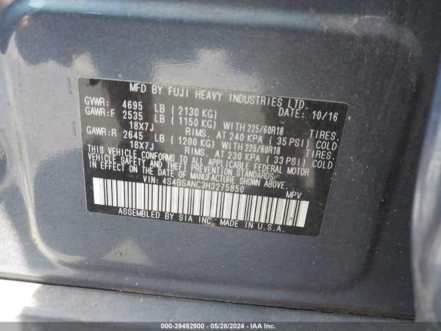 Subaru Outback 2.5i Limited 2017 4S4BSANC3H3275850 Image 9