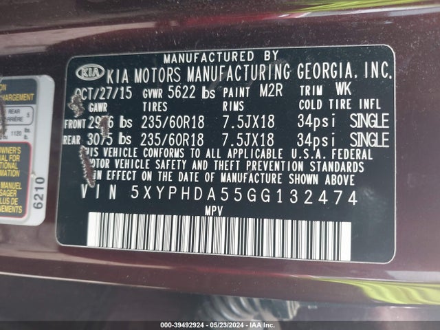 KIA Sorento 3.3l Ex 2016 5XYPHDA55GG132474 Image 9