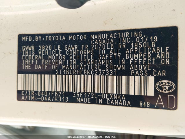 Toyota COROLLA LE 2019 2T1BURHE8KC237331 Image 9