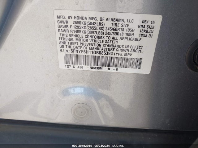 Honda PILOT LX 2016 5FNYF6H11GB085394 Image 9