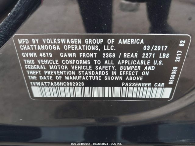 1VWAT7A38HC062928 Volkswagen Passat 1.8t S