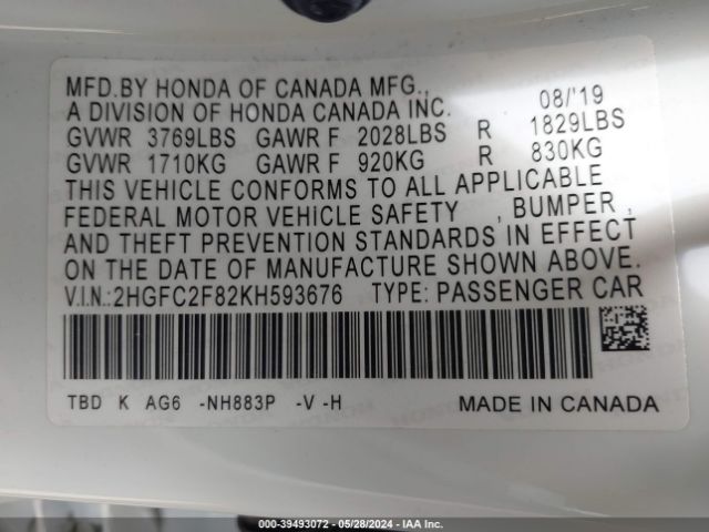 2HGFC2F82KH593676 Honda Civic Sport