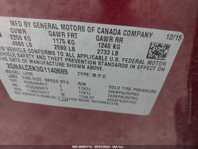Chevrolet EQUINOX LT 2016 2GNALCEK3G1140685 Image 9