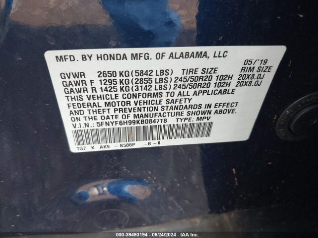 5FNYF6H99KB084718 Honda Pilot Touring