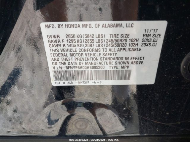 5FNYF6H00HB095200 Honda Pilot Elite