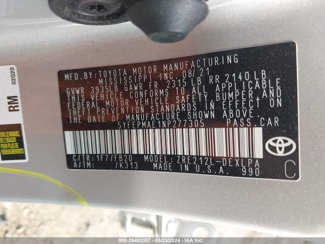 Toyota COROLLA LE 2022 5YFEPMAE1NP277305 Image 9