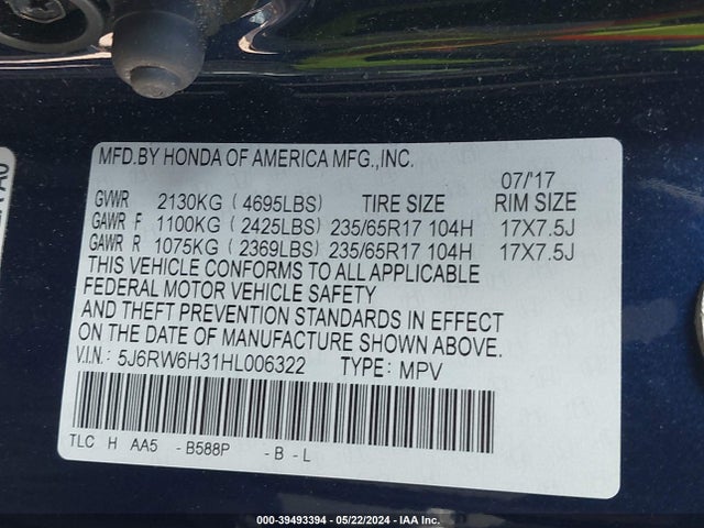 Honda CR-V LX 2017 5J6RW6H31HL006322 Image 9