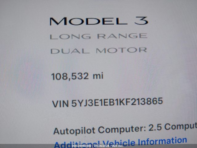 5YJ3E1EB1KF213865 Tesla Model 3 Long Range/performance