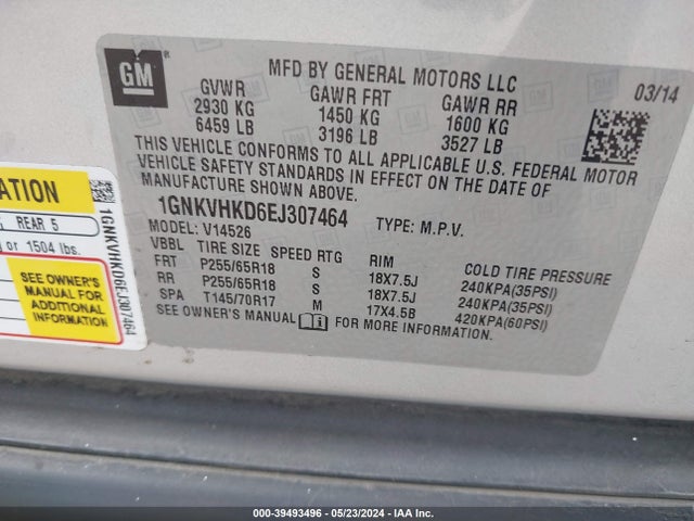 Chevrolet Traverse 2lt 2014 1GNKVHKD6EJ307464 Image 9