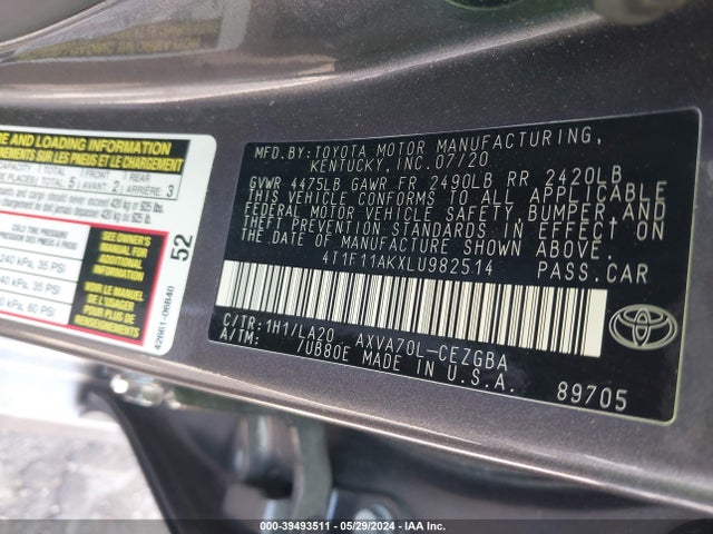 Toyota CAMRY XLE 2020 4T1F11AKXLU982514 Image 9