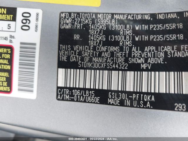 5TDYK3DCXFS544322 Toyota Sienna Limited 7 Passenger