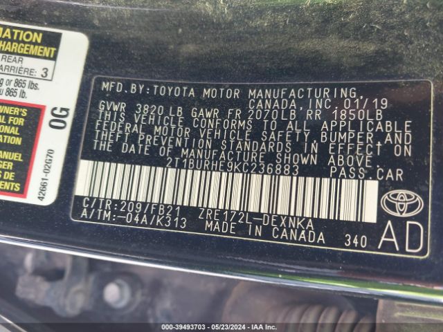 2T1BURHE9KC236883 Toyota COROLLA LE