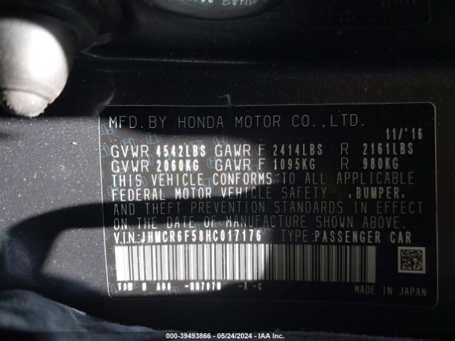 JHMCR6F58HC017176 Honda Accord Hybrid Ex-l