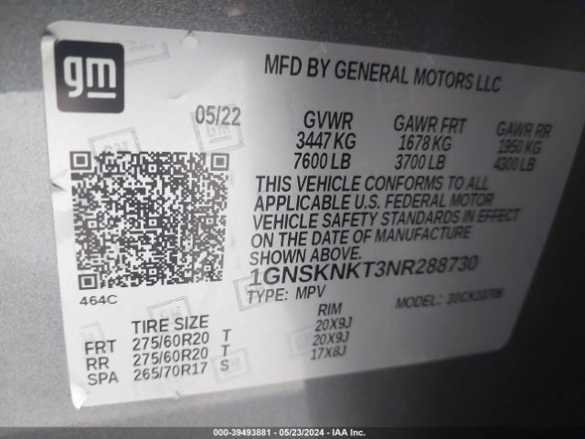 1GNSKNKT3NR288730 Chevrolet Tahoe 4wd Lt