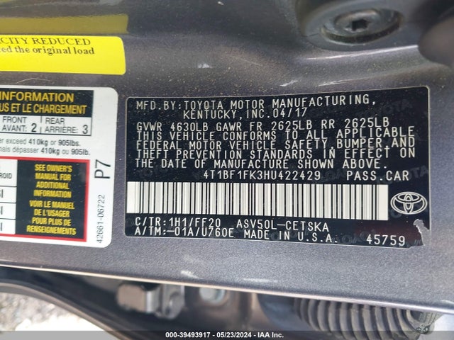 Toyota CAMRY SE 2017 4T1BF1FK3HU422429 Image 9