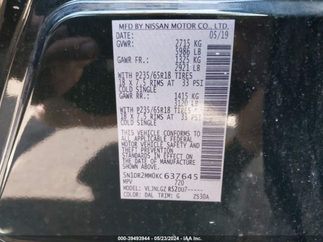 5N1DR2MM0KC637645 Nissan Pathfinder Sl