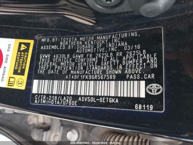 4T4BF1FK9GR567589 Toyota CAMRY XLE