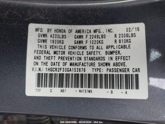 Honda ACCORD LX 2016 1HGCR2F30GA153676 Image 9